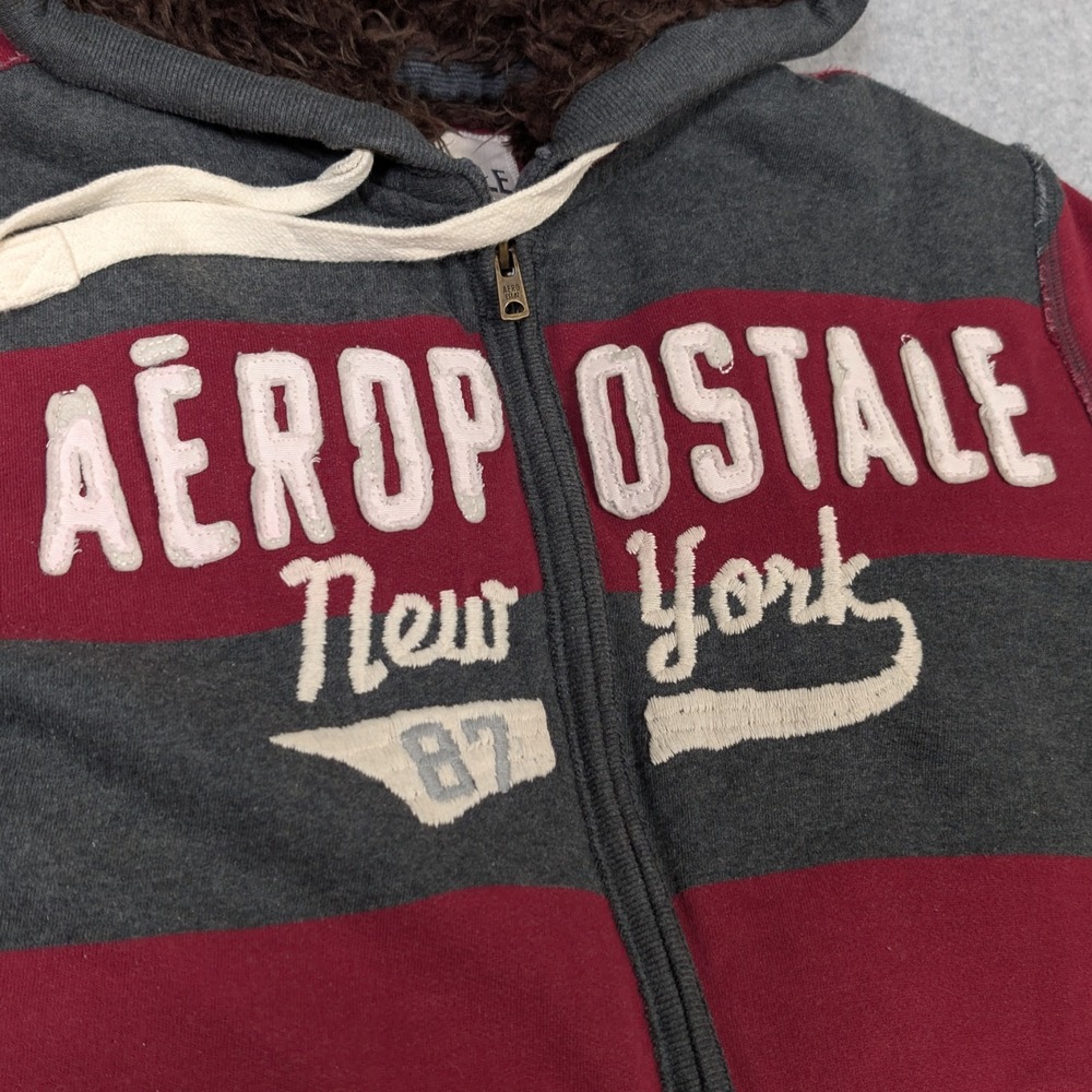 Y2K Aeropostale Faux Fur Lined Hoodie Full Zip Size Medium Striped Logo - Picture 8 of 13